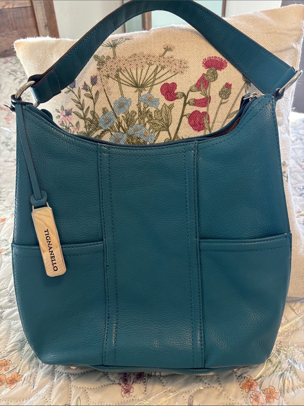 Tignanello Teal Pebbled Leather Hobo Shoulder Bag